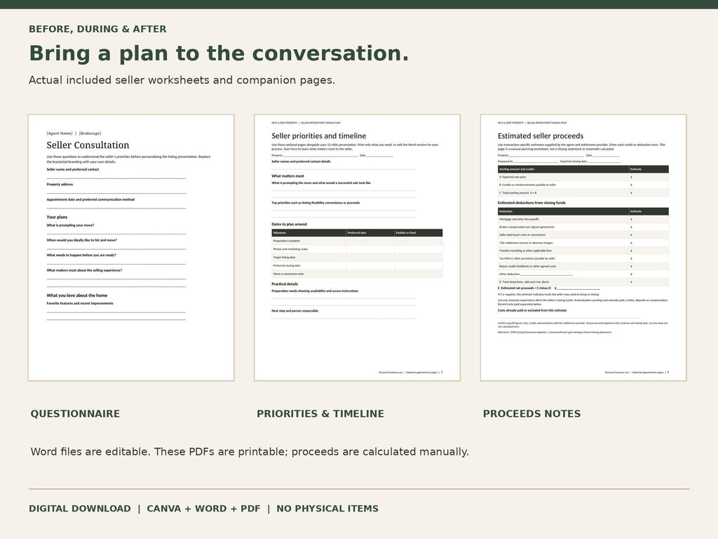 Seller consultation, seller priorities and timeline, and estimated seller proceeds worksheet previews.