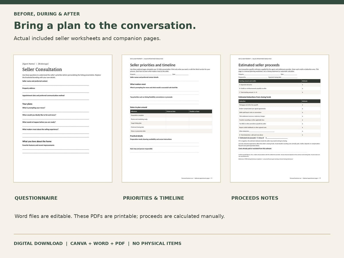 Real Estate Listing Presentation and Closing Gift Bundle | Canva Seller Decks, Forms + Printable Home Binder