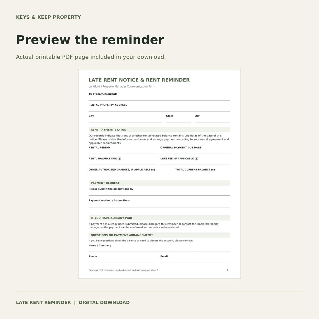 Late Rent Reminder Form | 2-Page Printable & Fillable PDFs, Landlord Balance Notice