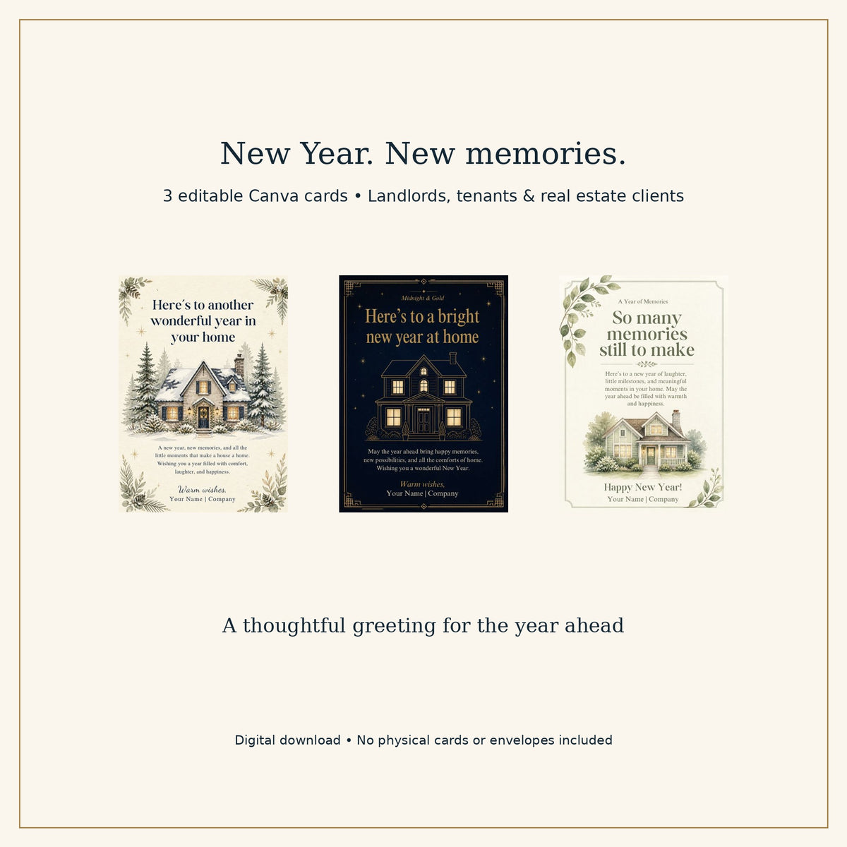 New Year Card Templates for Landlords, Tenants & Realtors | 3 Editable Canva Designs, 5x7 Home Greeting Cards
