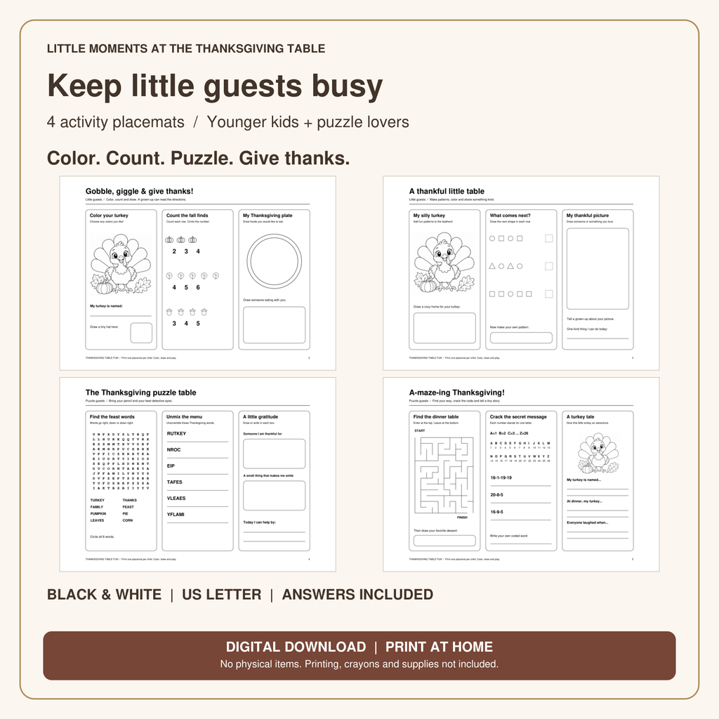 Thanksgiving Activity Placemats for Kids | 4 Coloring & Puzzle Pages, Printable PDF