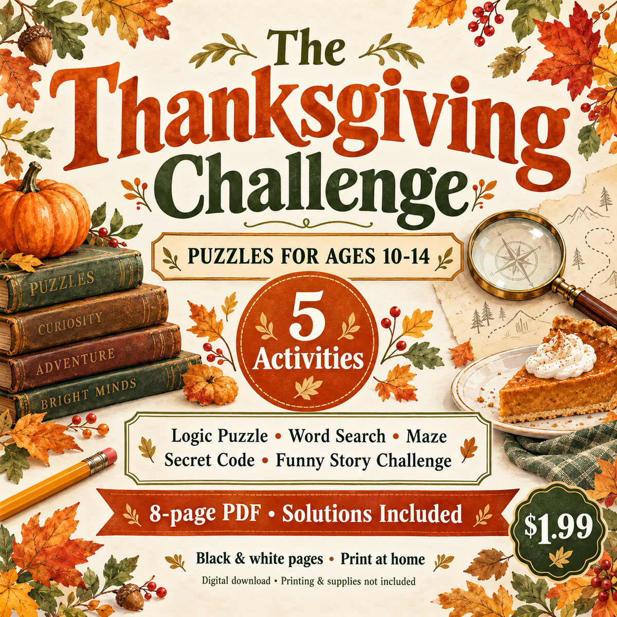 Thanksgiving Puzzle Pack for Ages 10-14 | 5 Activities & Solutions | Printable PDF