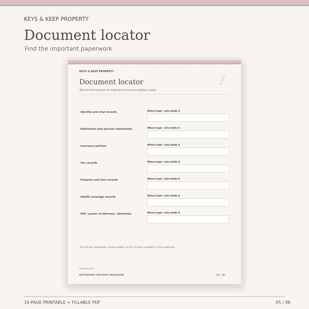 Retirement Records Organizer | 16-Page Fillable & Printable PDF, Accounts and Documents