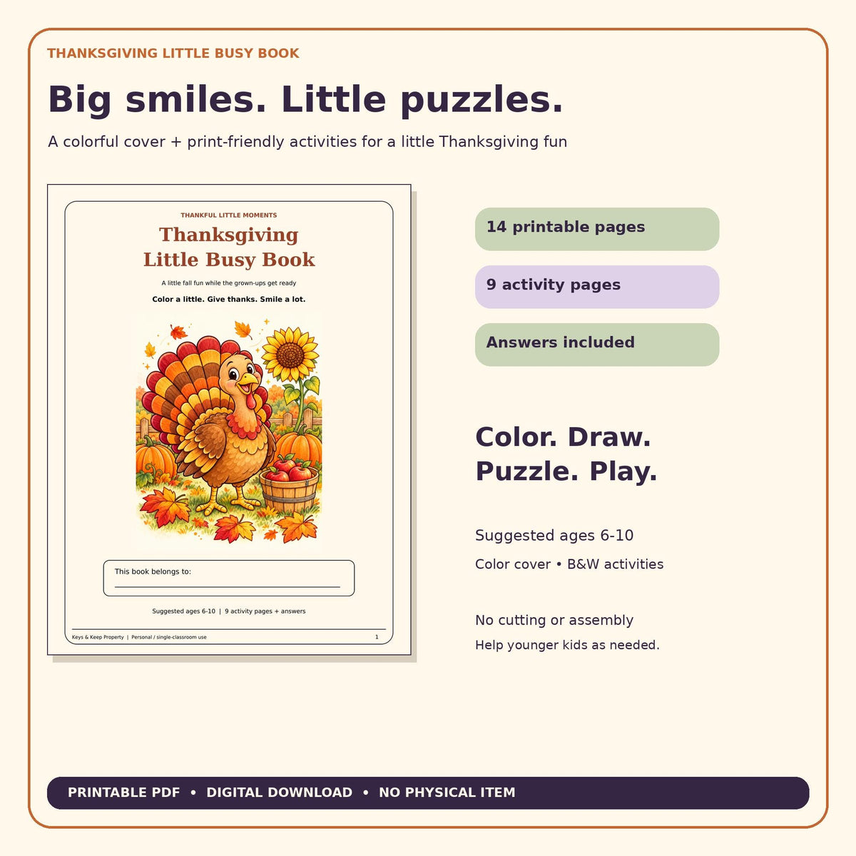 Thanksgiving Activity Book for Kids | Turkey Coloring, Word Search, Crossword, Maze & Gratitude | 14-Page Printable PDF