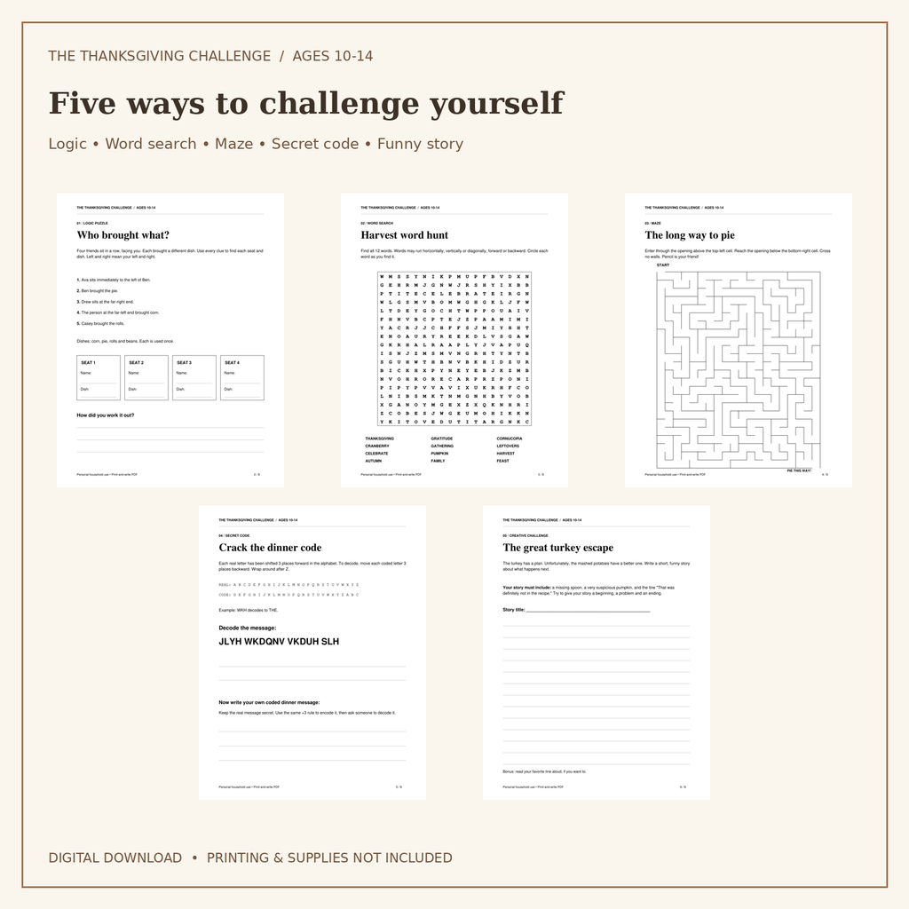 Thanksgiving Puzzle Pack for Ages 10-14 | 5 Activities & Solutions | Printable PDF