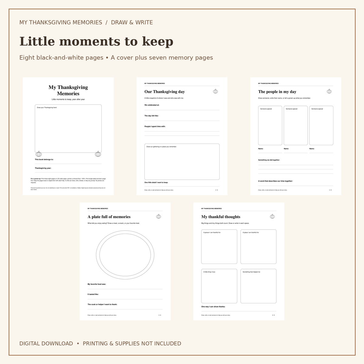 My Thanksgiving Memories for Kids | 8-Page Draw & Write Keepsake | Printable PDF
