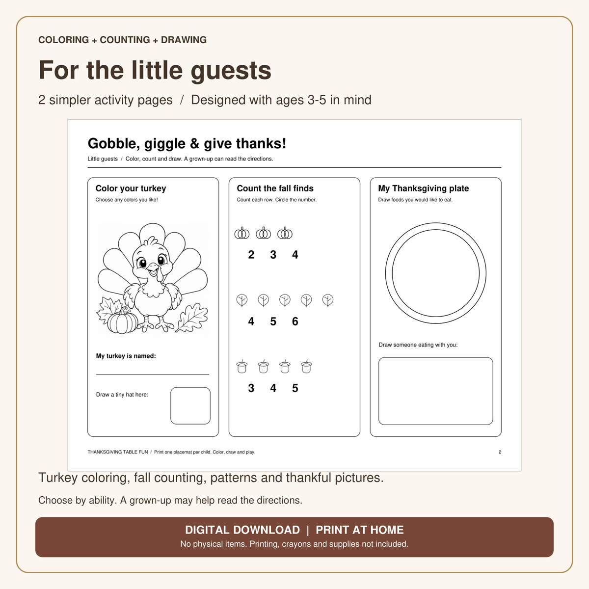Thanksgiving Activity Placemats for Kids | 4 Coloring & Puzzle Pages, Printable PDF