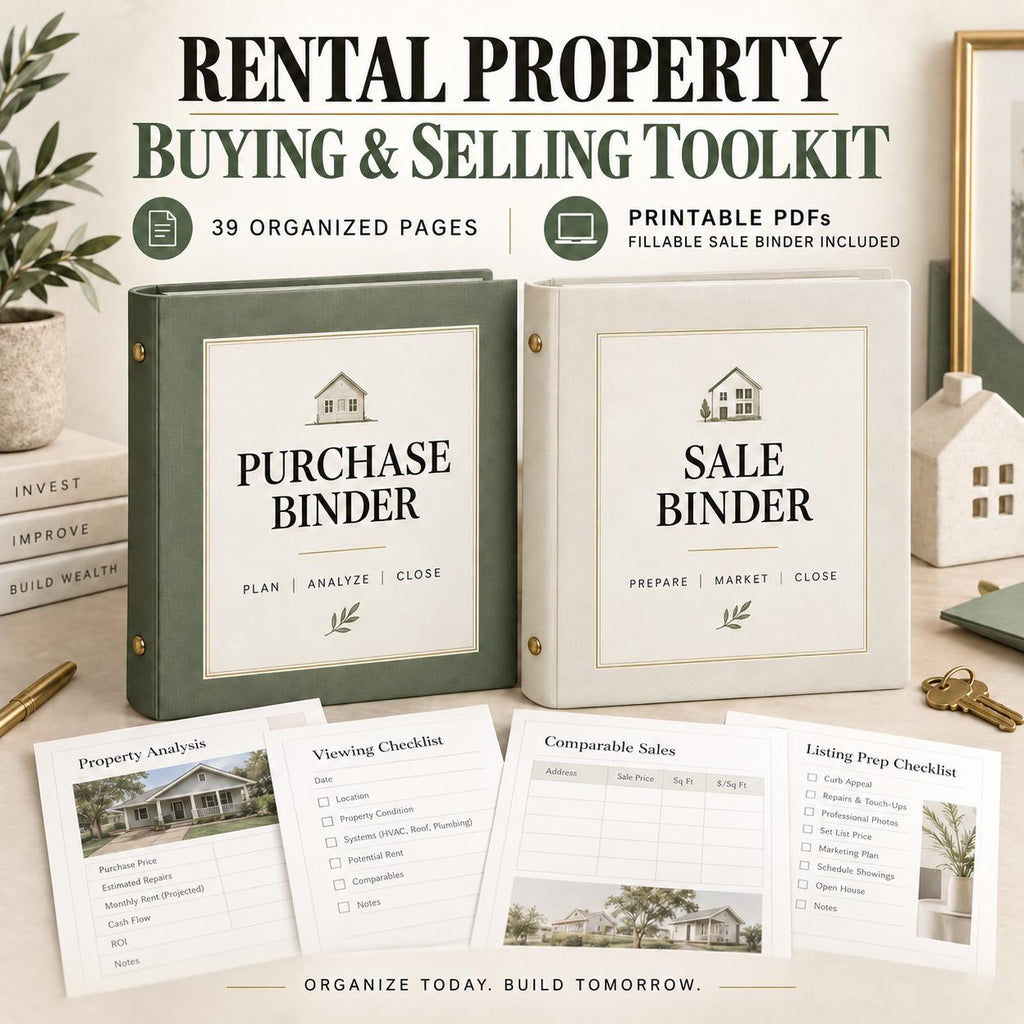 Rental Property Buying and Selling Toolkit graphic with green purchase binder, cream sale binder, and worksheet previews.