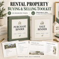 Rental Property Buying and Selling Toolkit graphic with green purchase binder, cream sale binder, and worksheet previews.