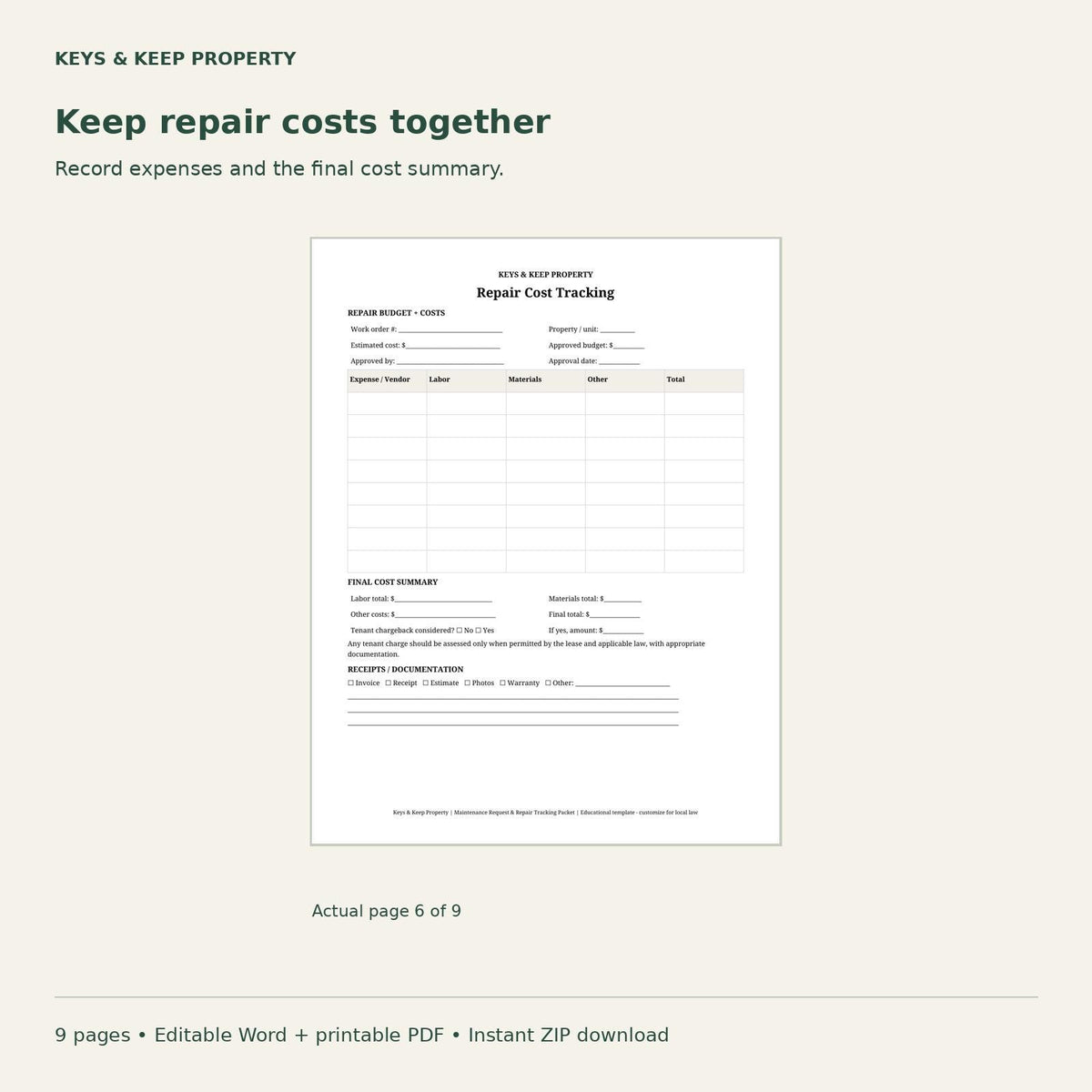 Landlord Maintenance Packet | 9-Page Repair & Vendor Tracker, Editable Word + Printable PDF