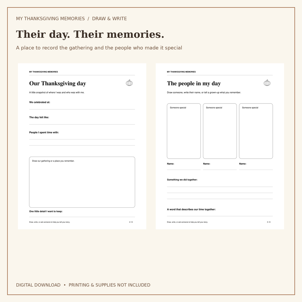 My Thanksgiving Memories for Kids | 8-Page Draw & Write Keepsake | Printable PDF