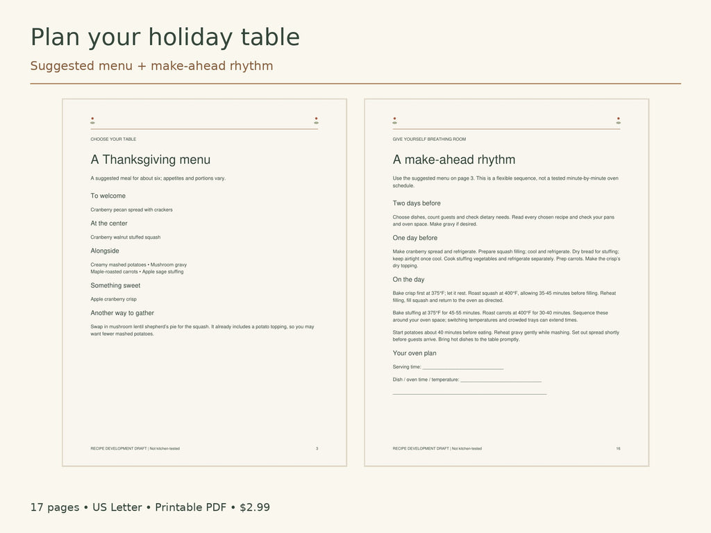 A Cozy Vegan Thanksgiving | 11 Recipes, Menu & Shopping Checklist | 17-Page Printable PDF