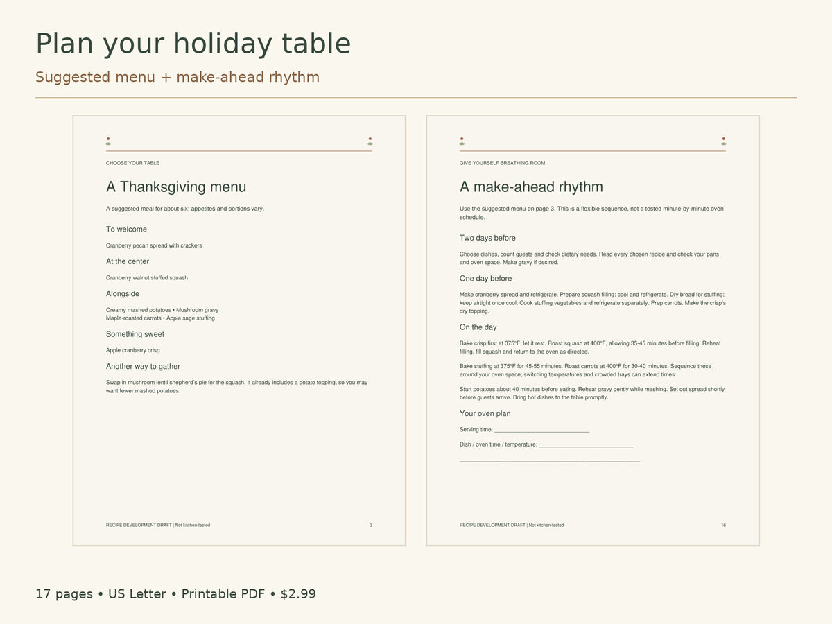 A Cozy Vegan Thanksgiving | 11 Recipes, Menu & Shopping Checklist | 17-Page Printable PDF