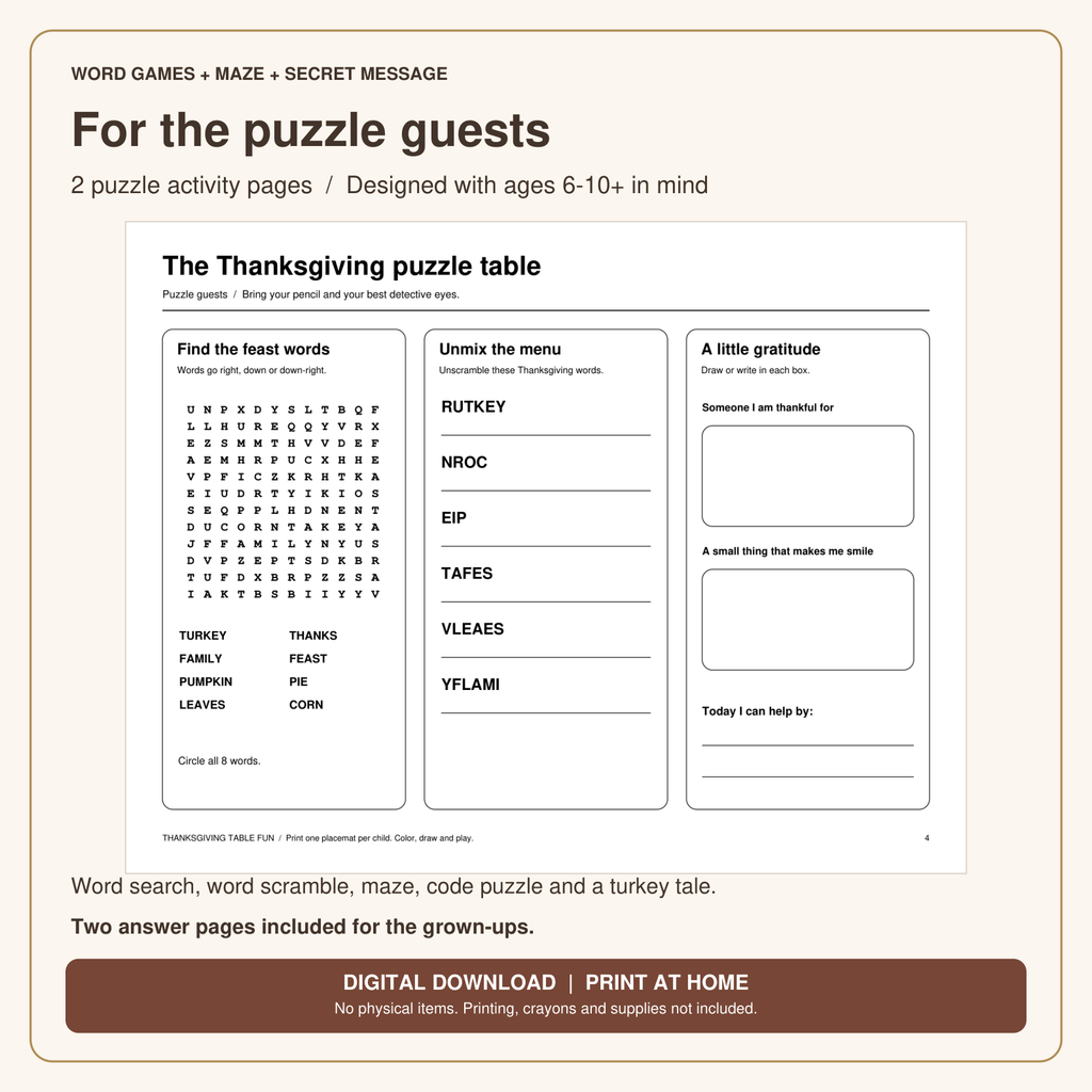 Thanksgiving Activity Placemats for Kids | 4 Coloring & Puzzle Pages, Printable PDF