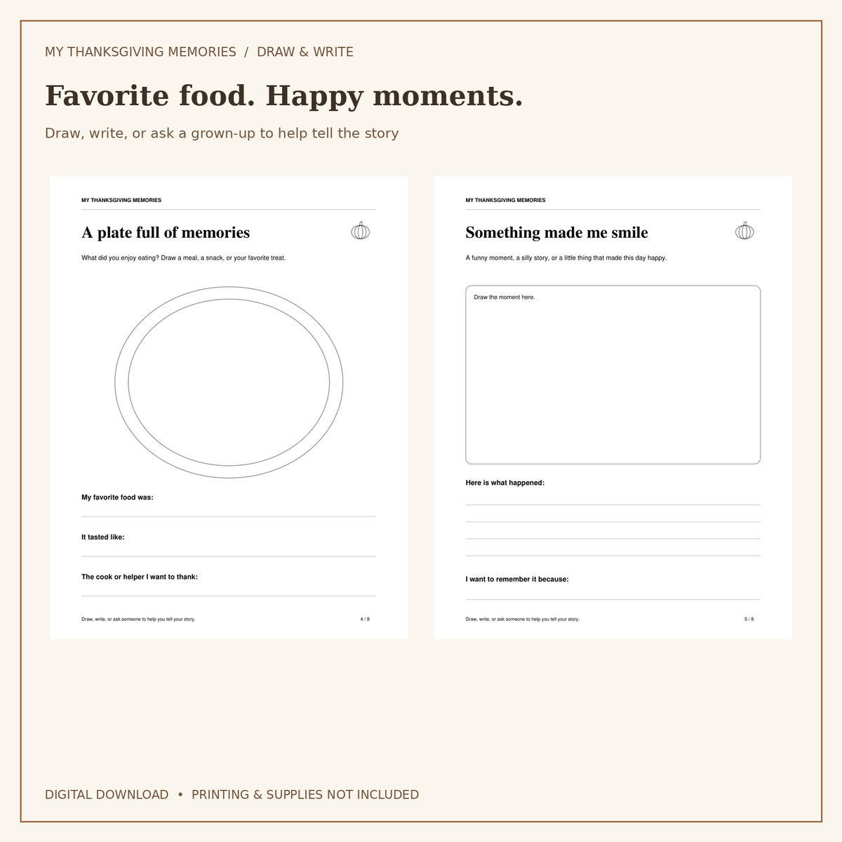 My Thanksgiving Memories for Kids | 8-Page Draw & Write Keepsake | Printable PDF