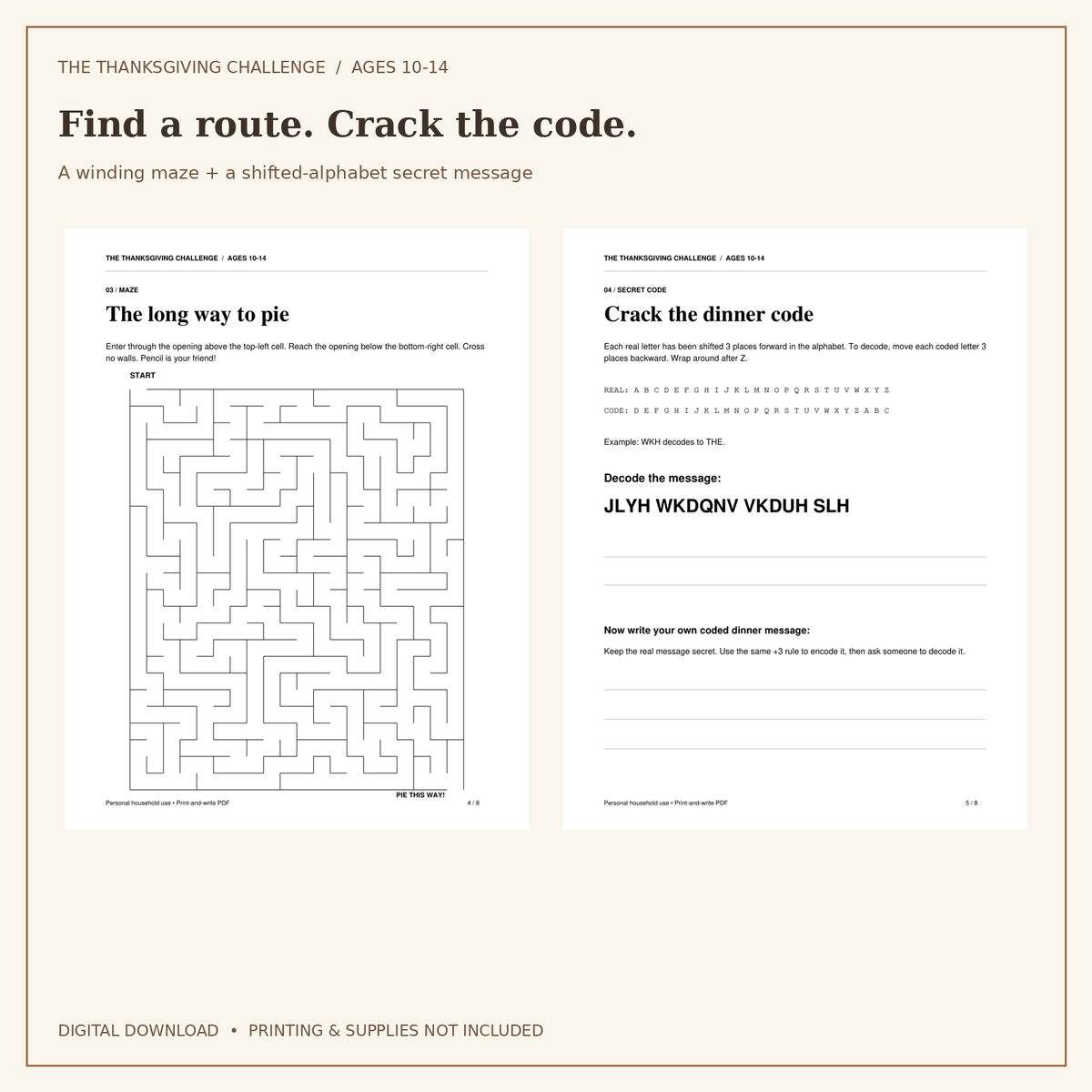 Thanksgiving Puzzle Pack for Ages 10-14 | 5 Activities & Solutions | Printable PDF
