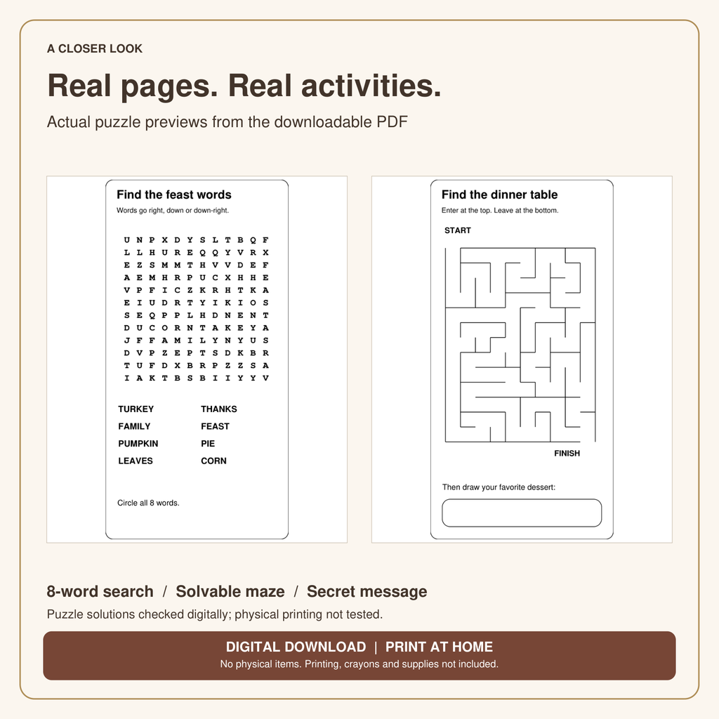 Thanksgiving Activity Placemats for Kids | 4 Coloring & Puzzle Pages, Printable PDF