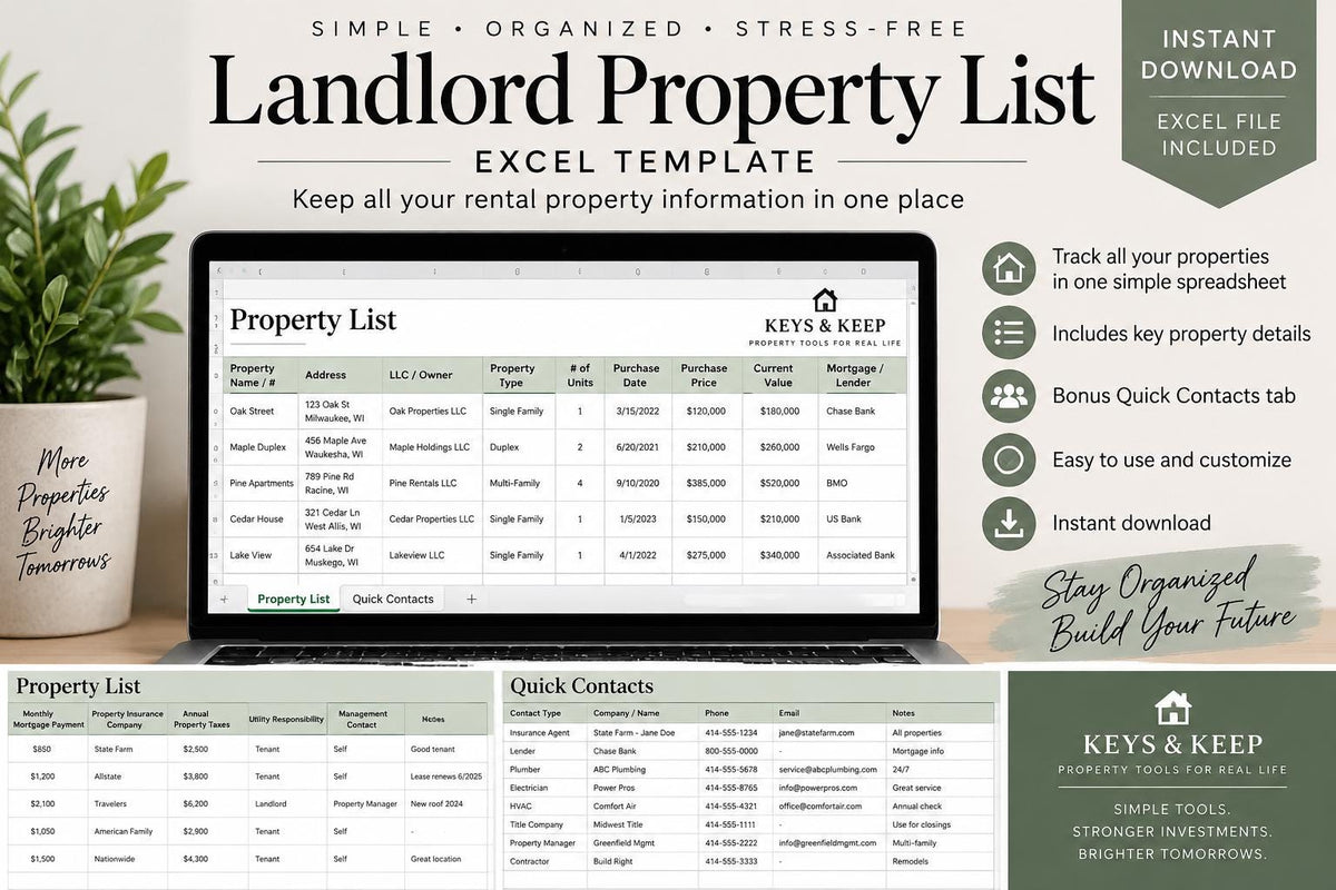 Rental Property Organizer | Excel + Google Sheets Property List and Vendor Contact Spreadsheet