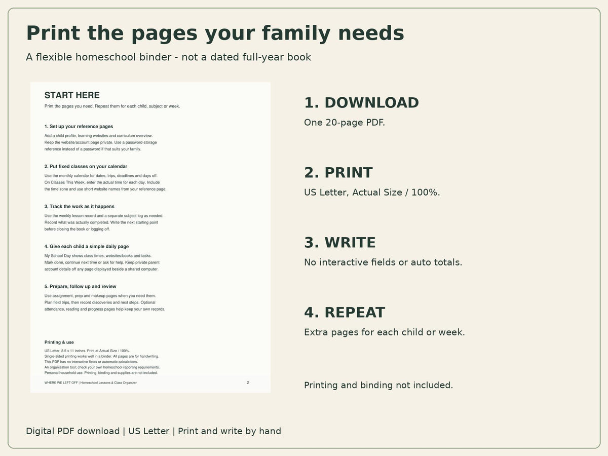 Homeschool Planner Printable | Lessons, Class Schedule & Website Log | 20-Page PDF