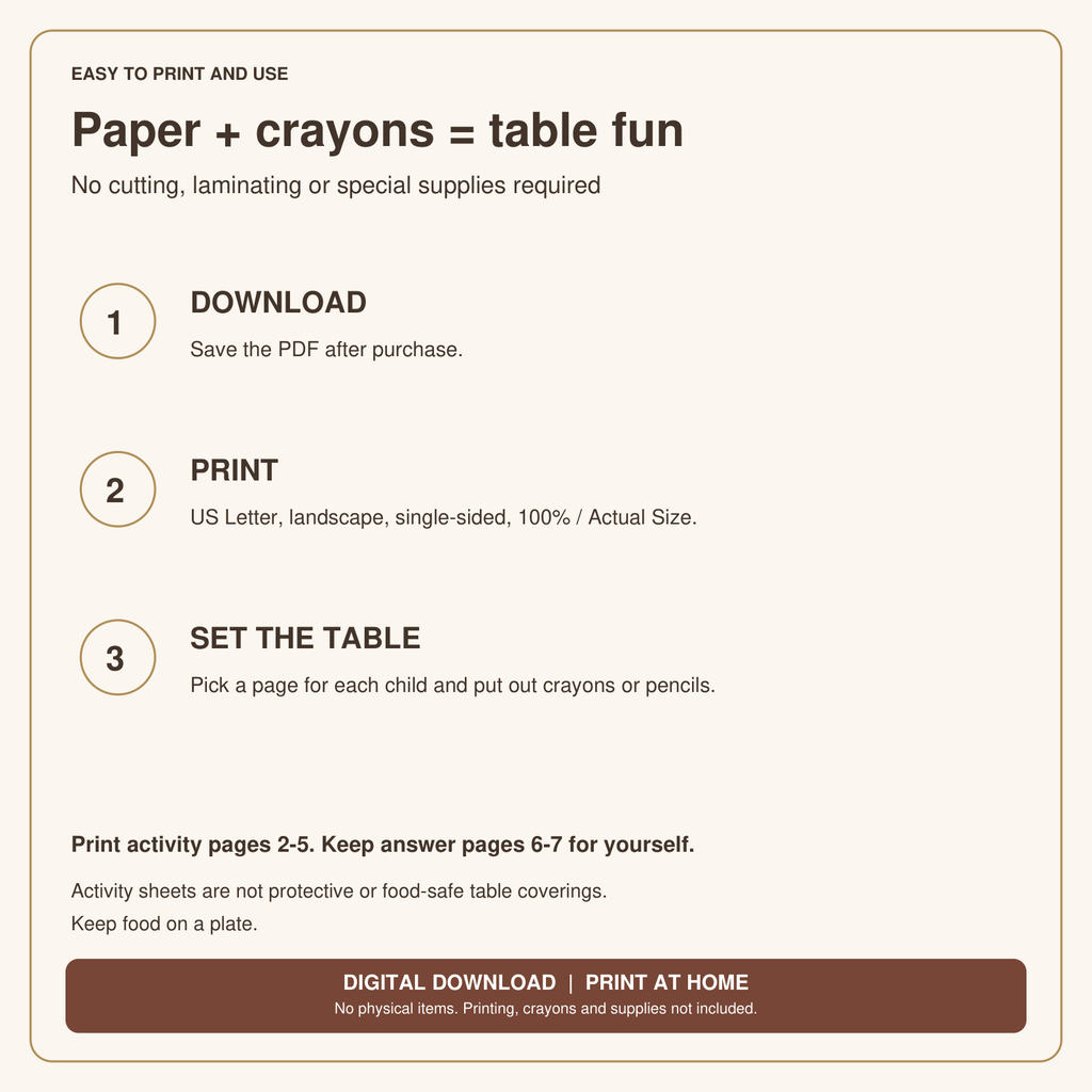 Thanksgiving Activity Placemats for Kids | 4 Coloring & Puzzle Pages, Printable PDF
