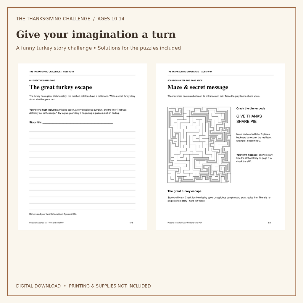 Thanksgiving Puzzle Pack for Ages 10-14 | 5 Activities & Solutions | Printable PDF