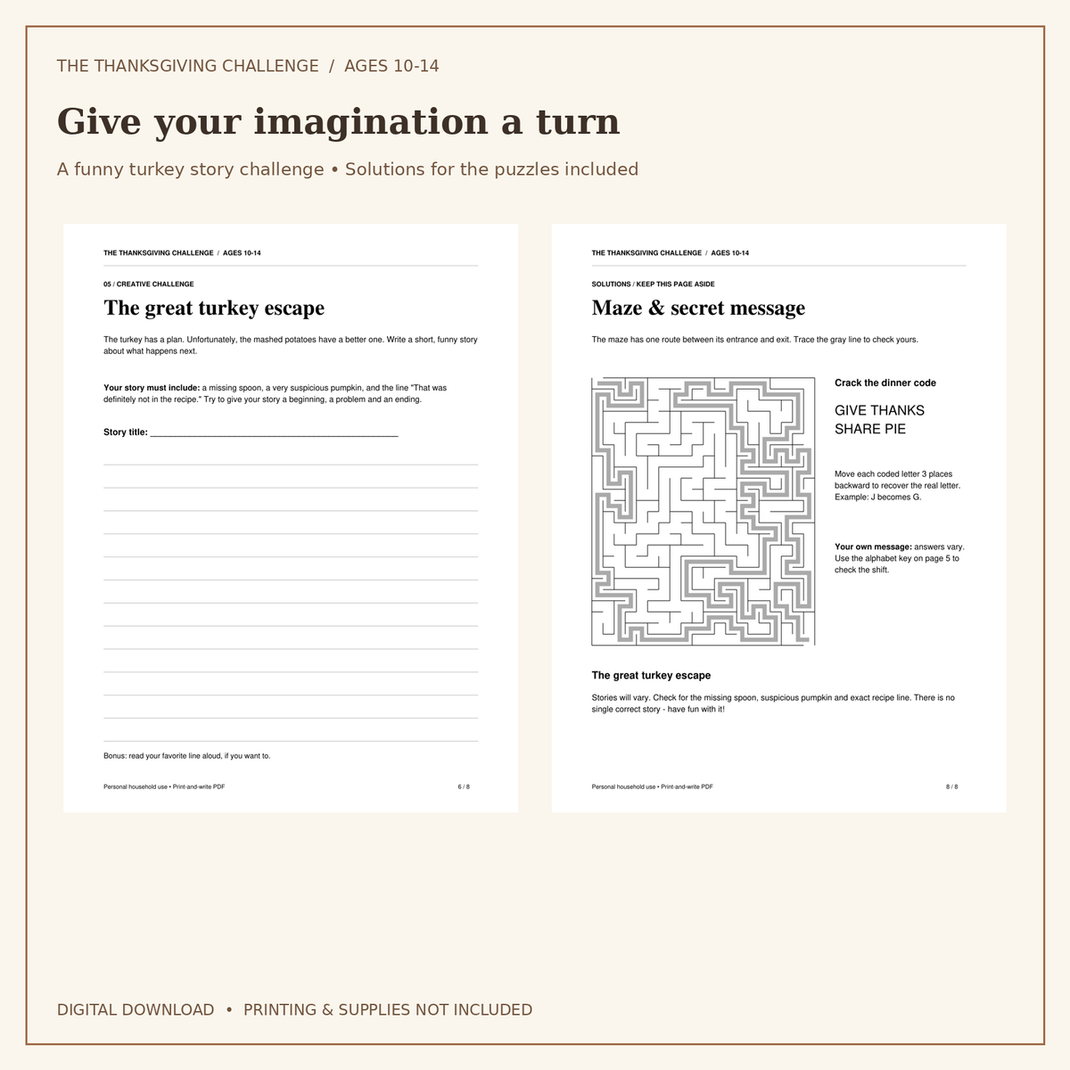 Thanksgiving Puzzle Pack for Ages 10-14 | 5 Activities & Solutions | Printable PDF