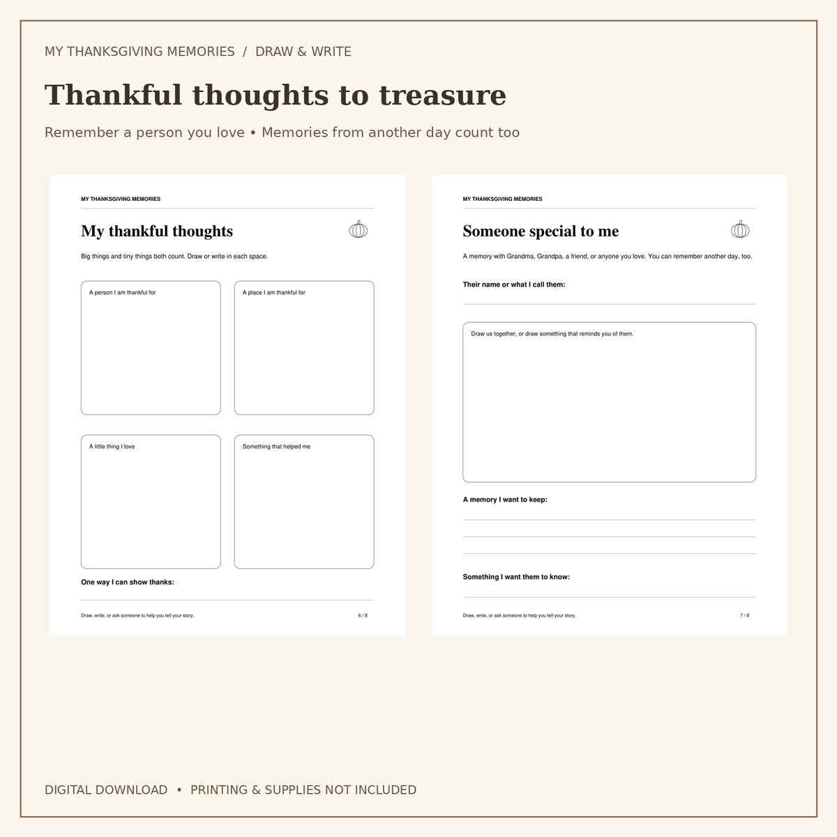 My Thanksgiving Memories for Kids | 8-Page Draw & Write Keepsake | Printable PDF