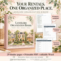Pink floral landlord binder beside Property at a Glance, Emergency Contacts, and Unit Turnover checklist previews.