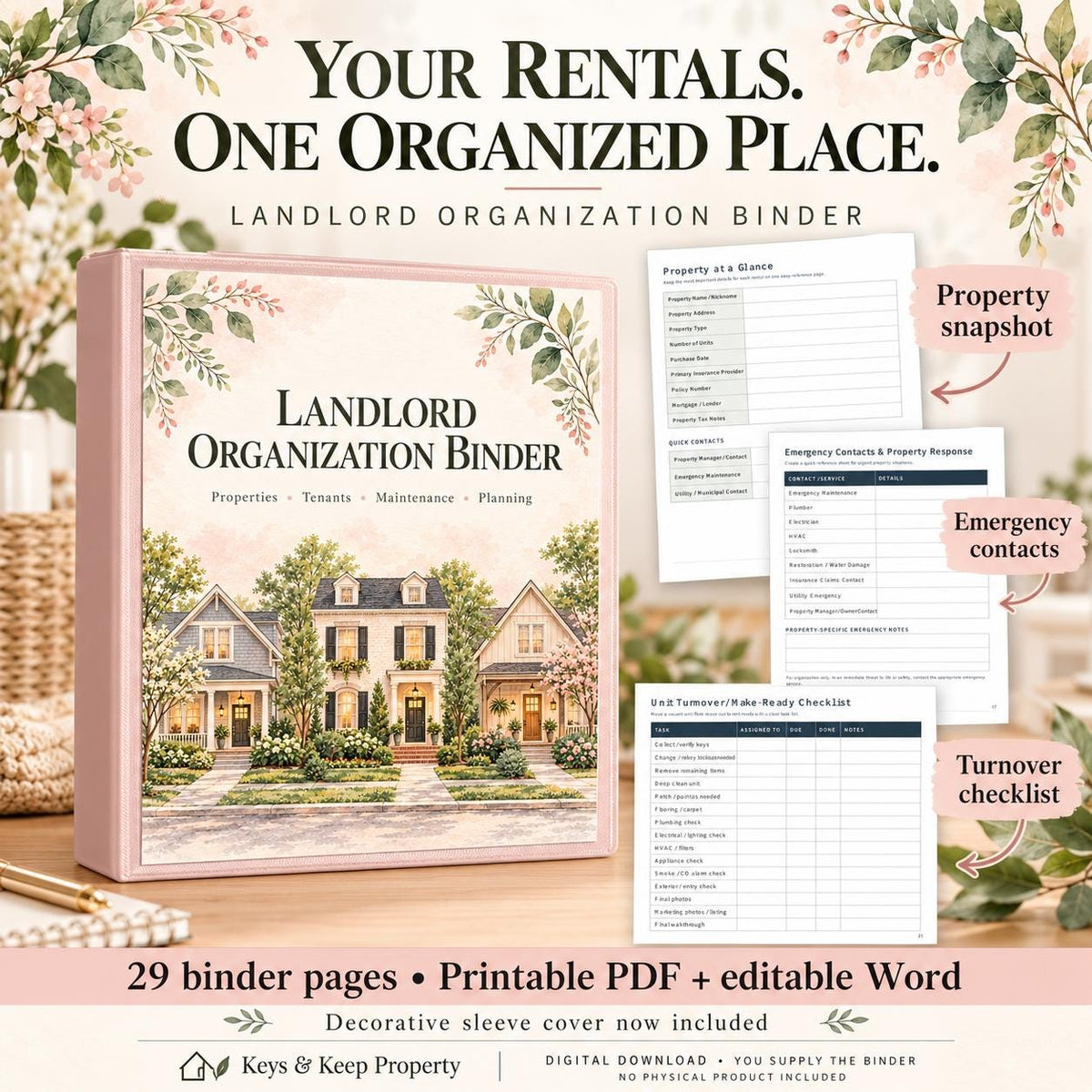 Landlord Organization Binder | Rental Property, Tenant, Rent and Maintenance Records | 29-Page Printable PDF + Word
