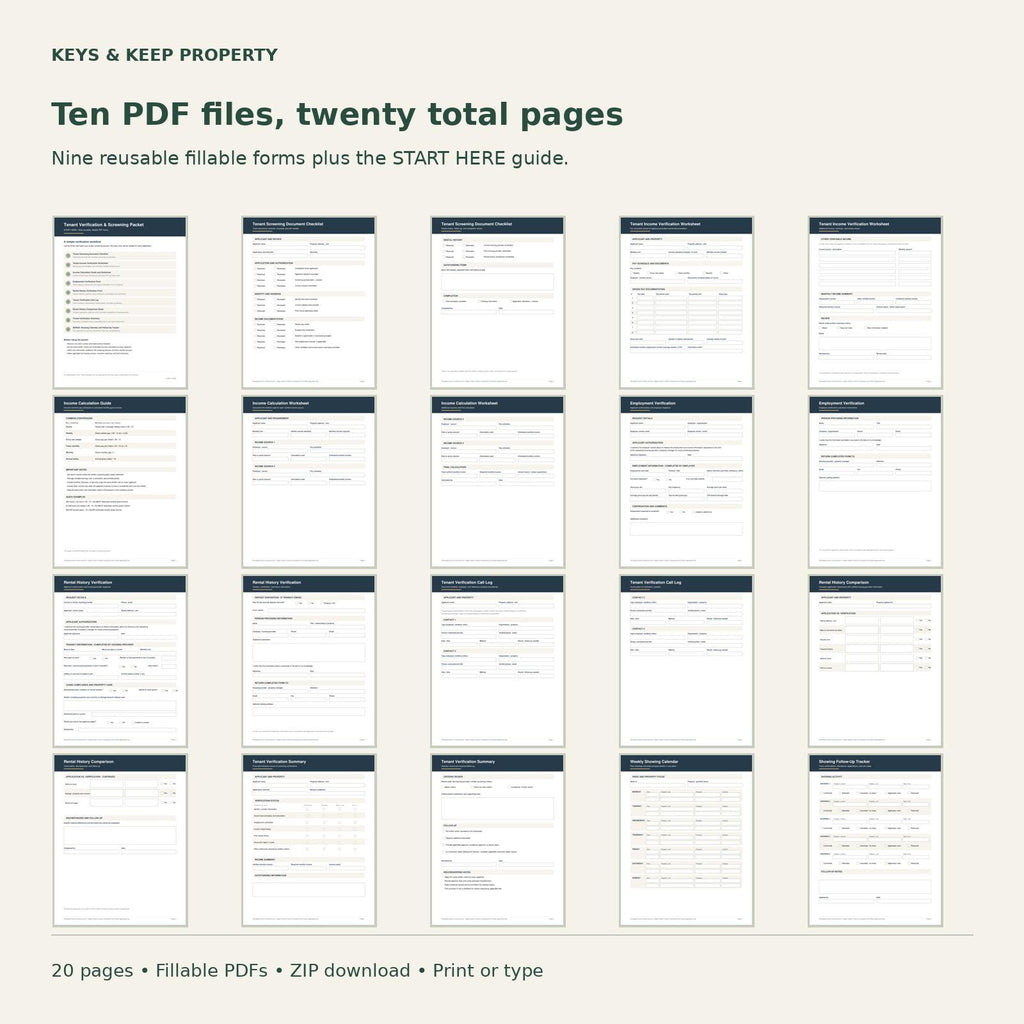 Tenant Screening Packet | 20-Page Fillable PDFs + Editable Word Applicant Handout