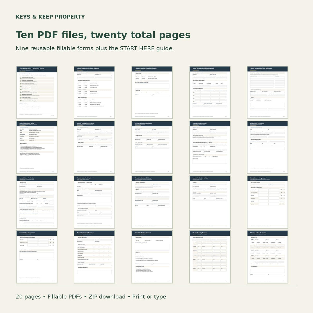 Tenant Screening Packet | 20-Page Fillable PDFs + Editable Word Applicant Handout