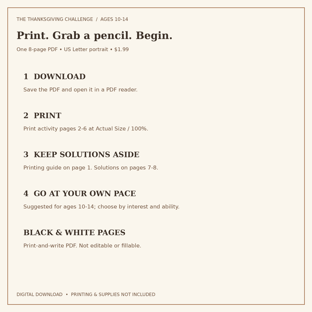 Thanksgiving Puzzle Pack for Ages 10-14 | 5 Activities & Solutions | Printable PDF