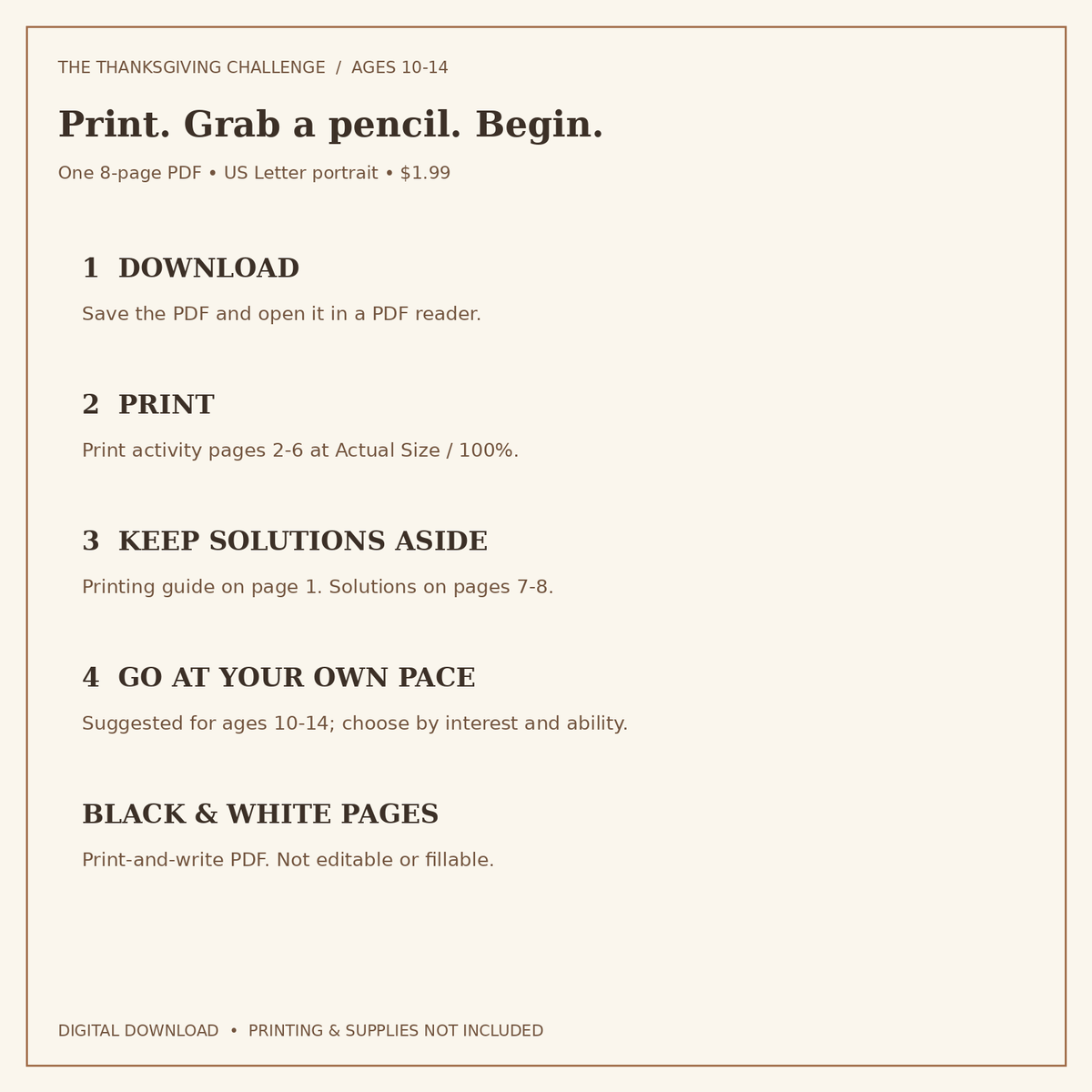Thanksgiving Puzzle Pack for Ages 10-14 | 5 Activities & Solutions | Printable PDF