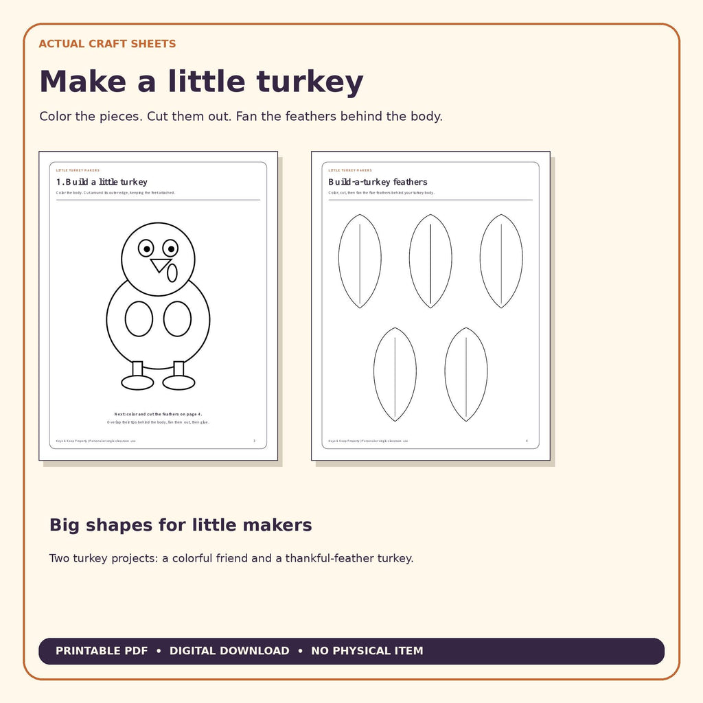 Thanksgiving Turkey Craft Pack for Kids | Build a Turkey, Thankful Feathers, Crown, Handprint & Place Cards | Printable PDF