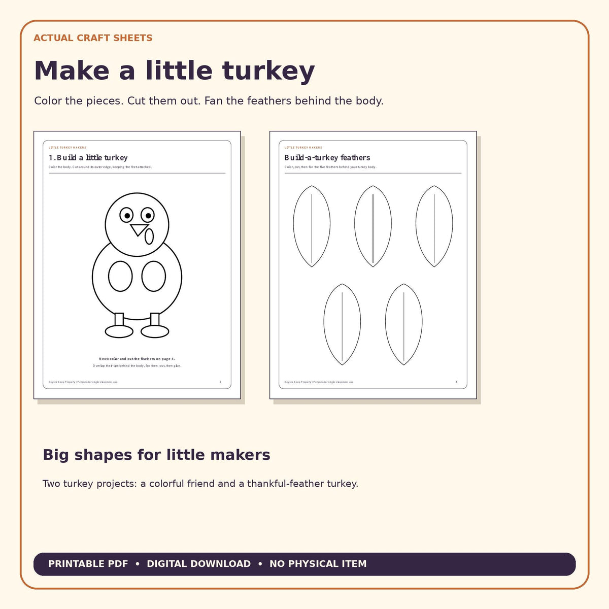Thanksgiving Turkey Craft Pack for Kids | Build a Turkey, Thankful Feathers, Crown, Handprint & Place Cards | Printable PDF