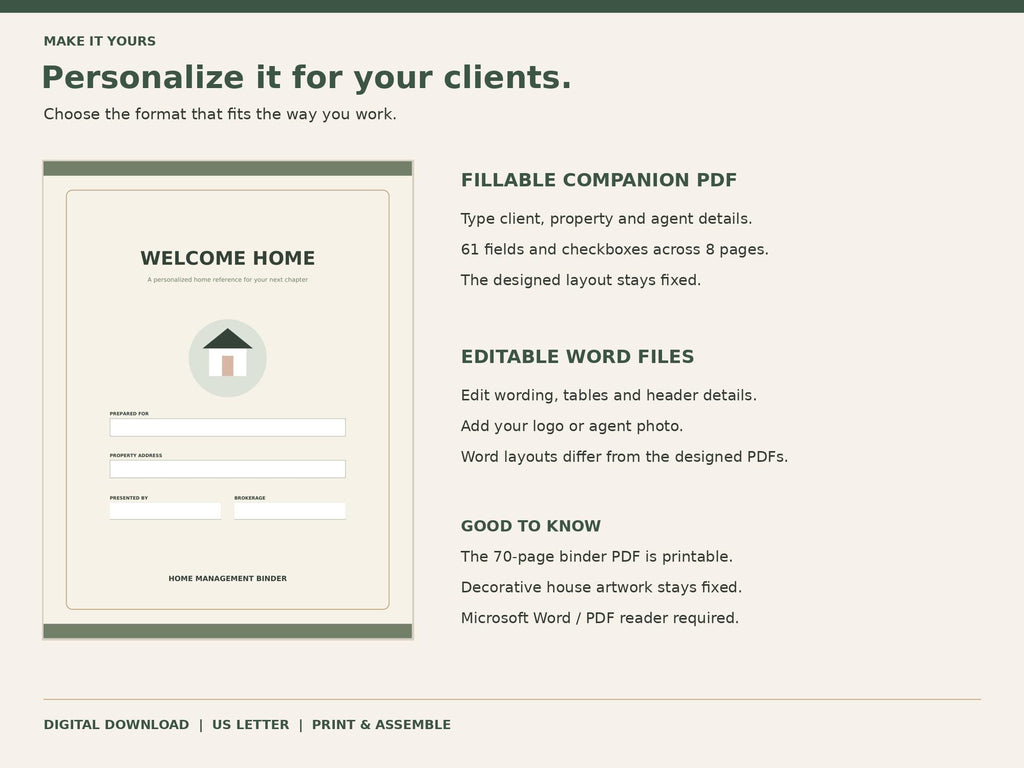 Welcome Home companion cover with client and agent fields beside fillable PDF and editable Word format notes.