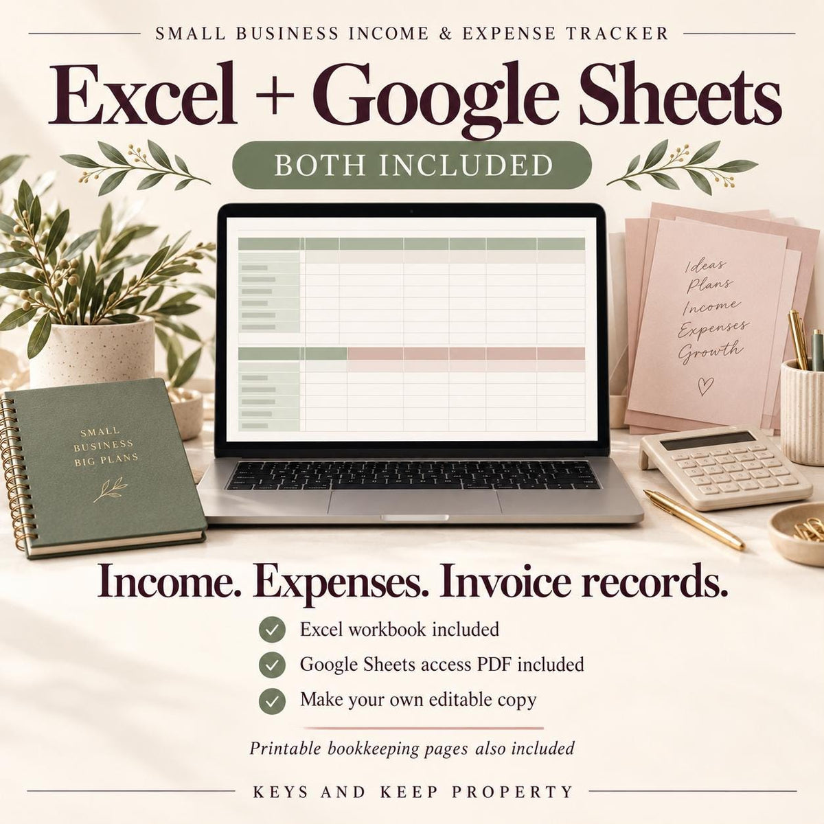 Small Business Expense Tracker and Income Log | Excel & Google Sheets + Printable Bookkeeping Pages | Invoice Tracker
