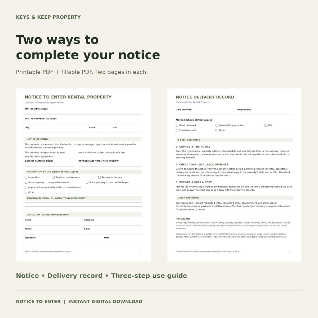 Notice to Enter previews showing the entry notice beside its delivery record and three-step use guide.