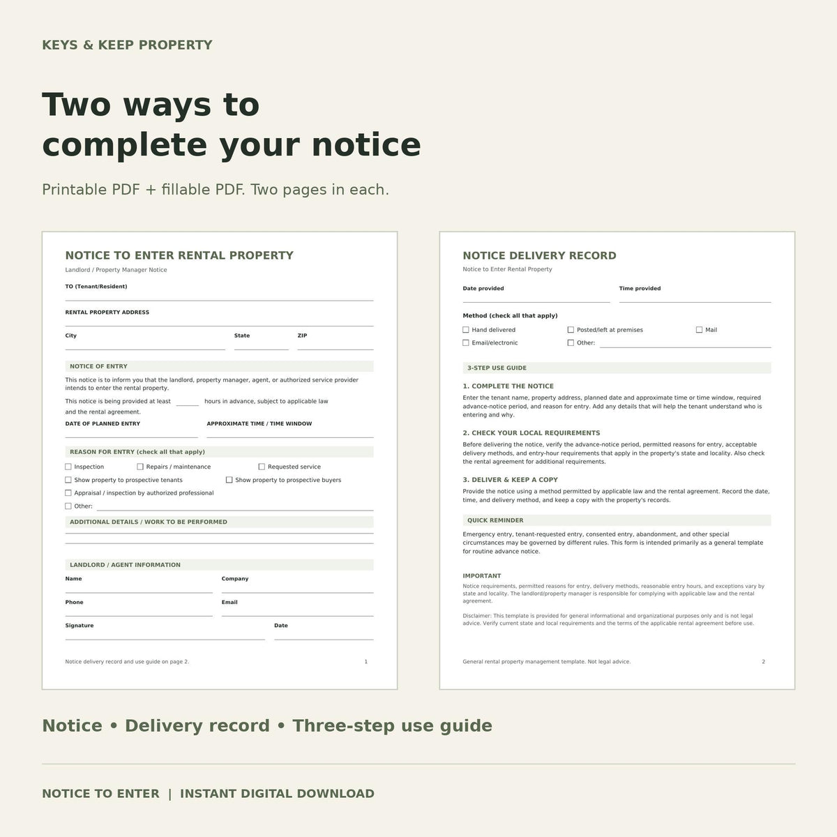 Notice to Enter Rental Property | 2-Page Printable & Fillable PDFs, Landlord Entry Form
