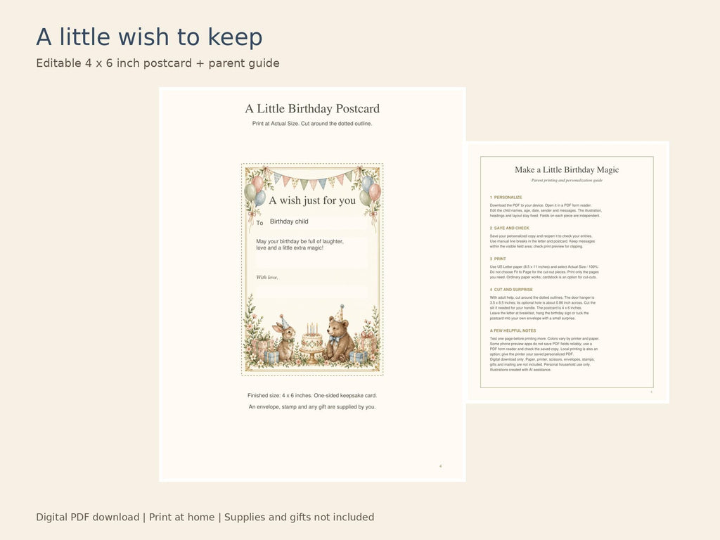 Birthday Letter Printable Kit | Editable PDF, Certificate, Door Hanger and Postcard | Storybook Celebration