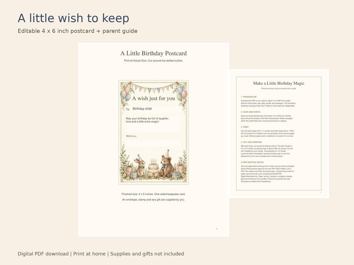 Birthday Letter Printable Kit | Editable PDF, Certificate, Door Hanger and Postcard | Storybook Celebration