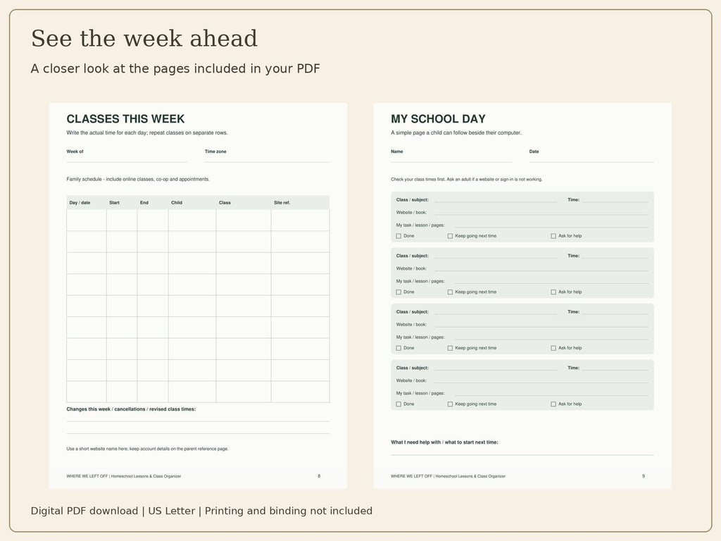 Homeschool Planner Printable | Lessons, Class Schedule & Website Log | 20-Page PDF