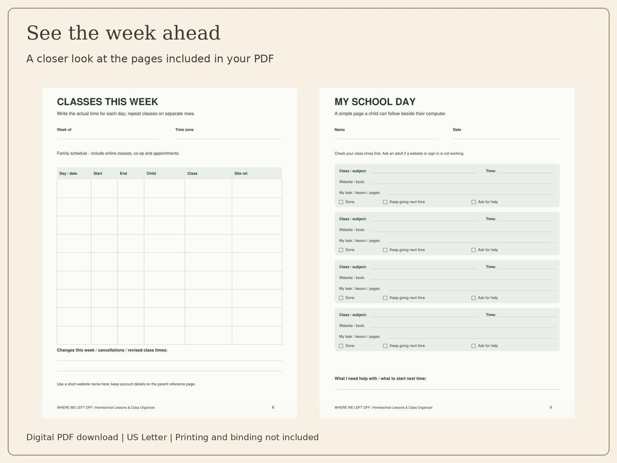 Homeschool Planner Printable | Lessons, Class Schedule & Website Log | 20-Page PDF