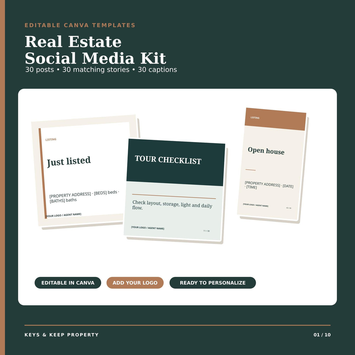 Real Estate Social Media Templates | Canva Kit, 60 Posts + 60 Stories in 2 Styles, Captions Included