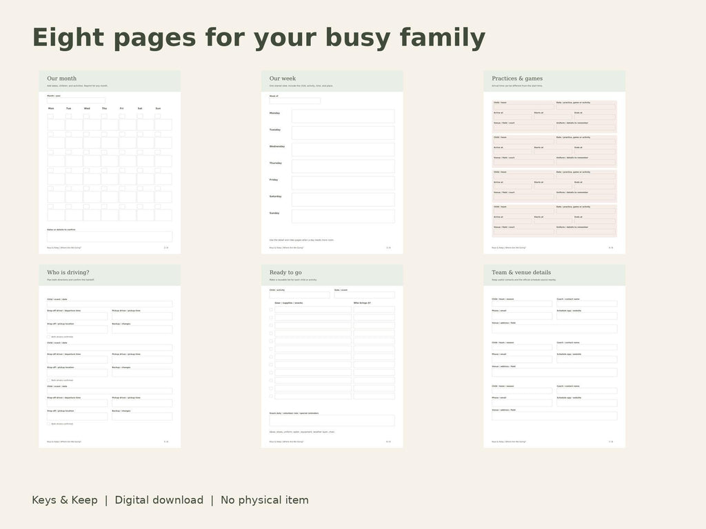 Family Sports Planner | Kids Activity Calendar, Practice Schedule and Carpool Plan | 8-Page Printable + Fillable PDF