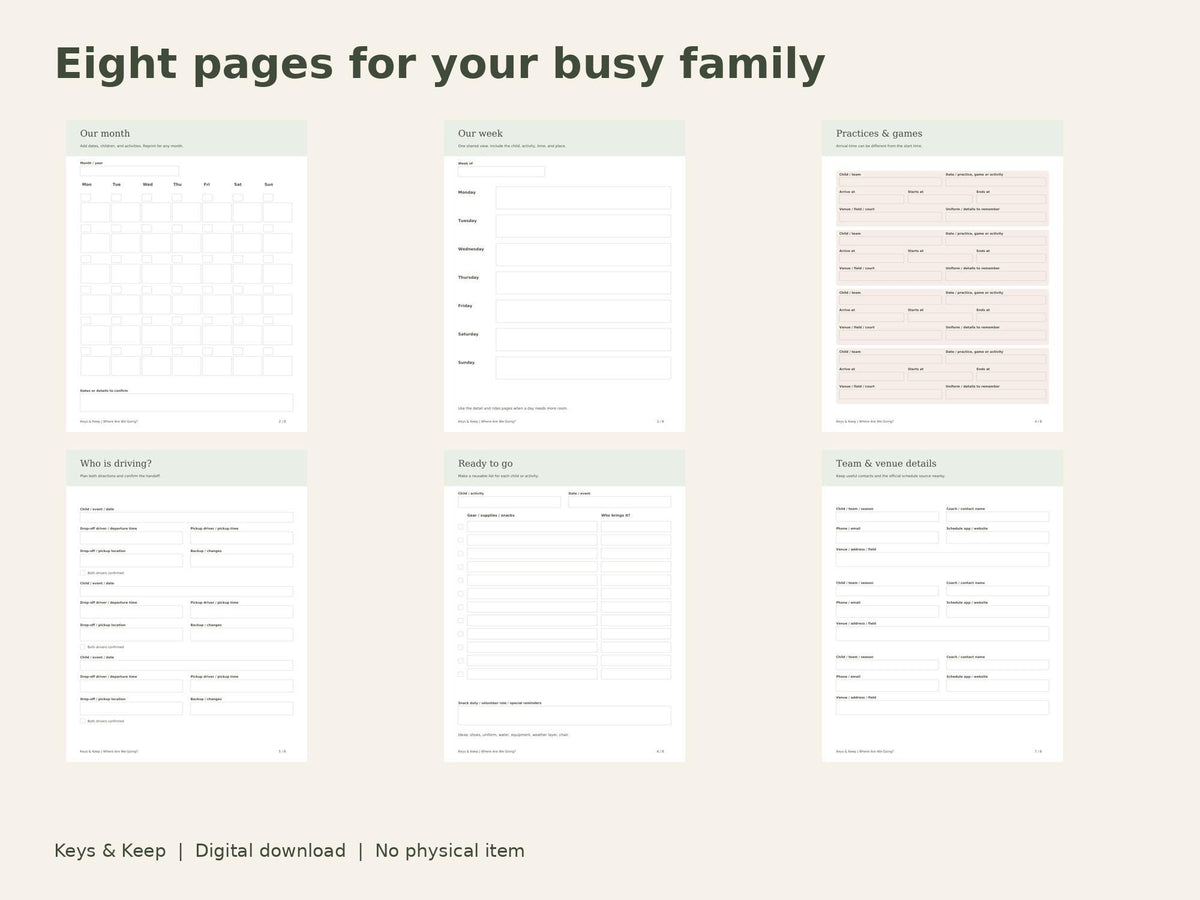 Family Sports Planner | Kids Activity Calendar, Practice Schedule and Carpool Plan | 8-Page Printable + Fillable PDF