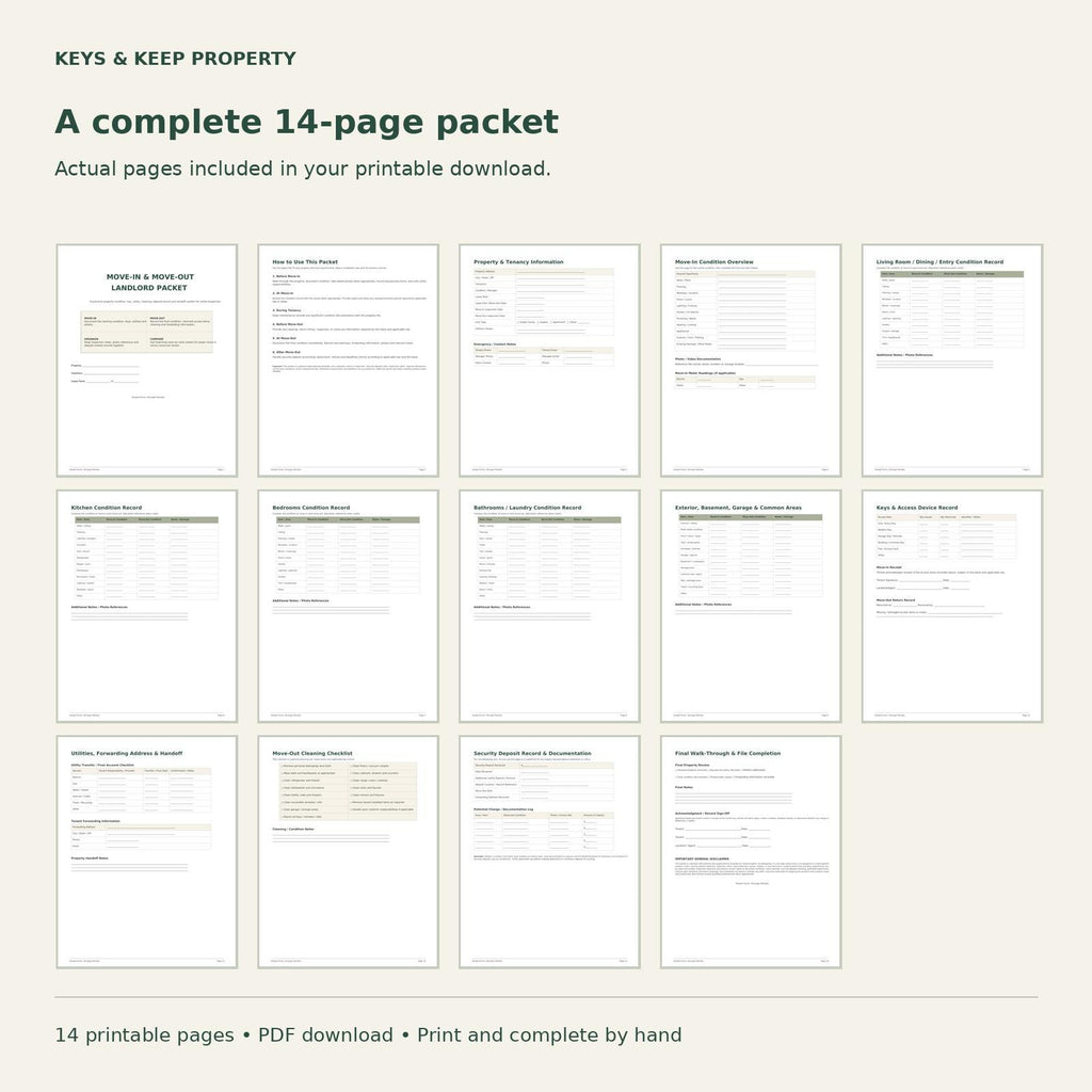 Landlord Move-In Move-Out Packet | Property Condition, Keys and Handoff Records | 14-Page Printable PDF