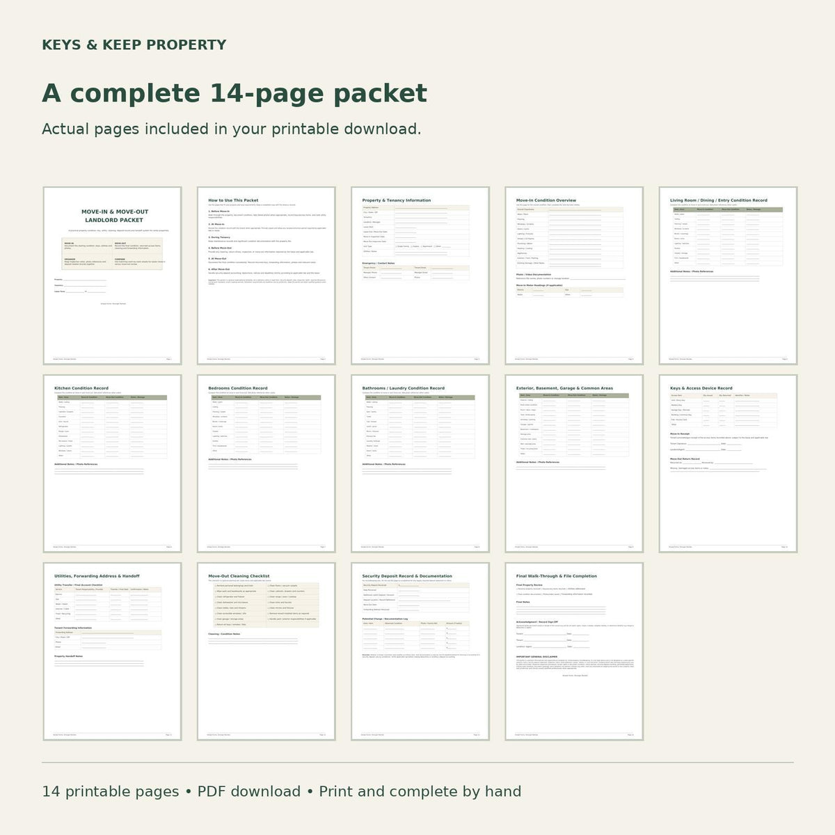 Landlord Move-In Move-Out Packet | Property Condition, Keys and Handoff Records | 14-Page Printable PDF