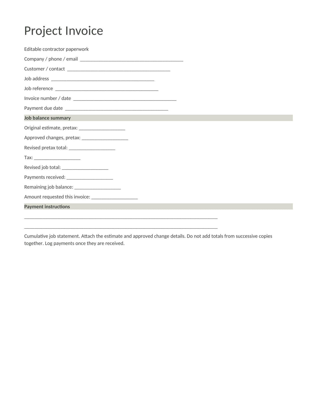 Blank Project Invoice form with job details, revised totals, payments received, remaining balance, and instructions.