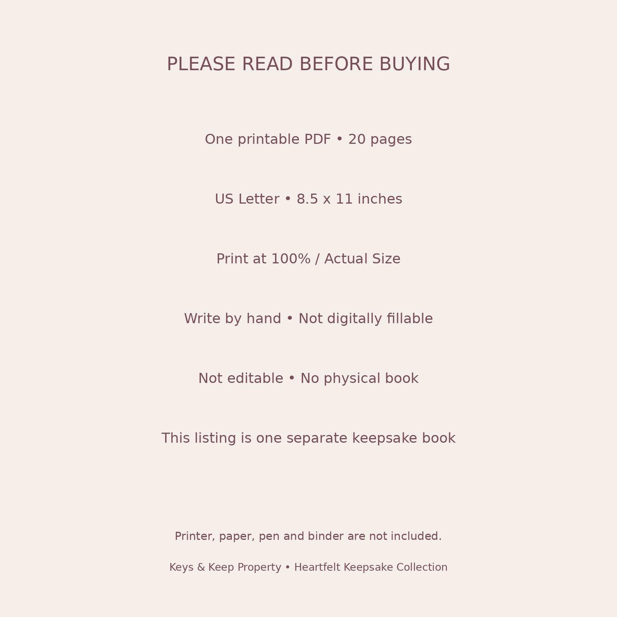 Anniversary journal purchase-information graphic listing 20 printable US Letter pages for handwriting, with no physical book.